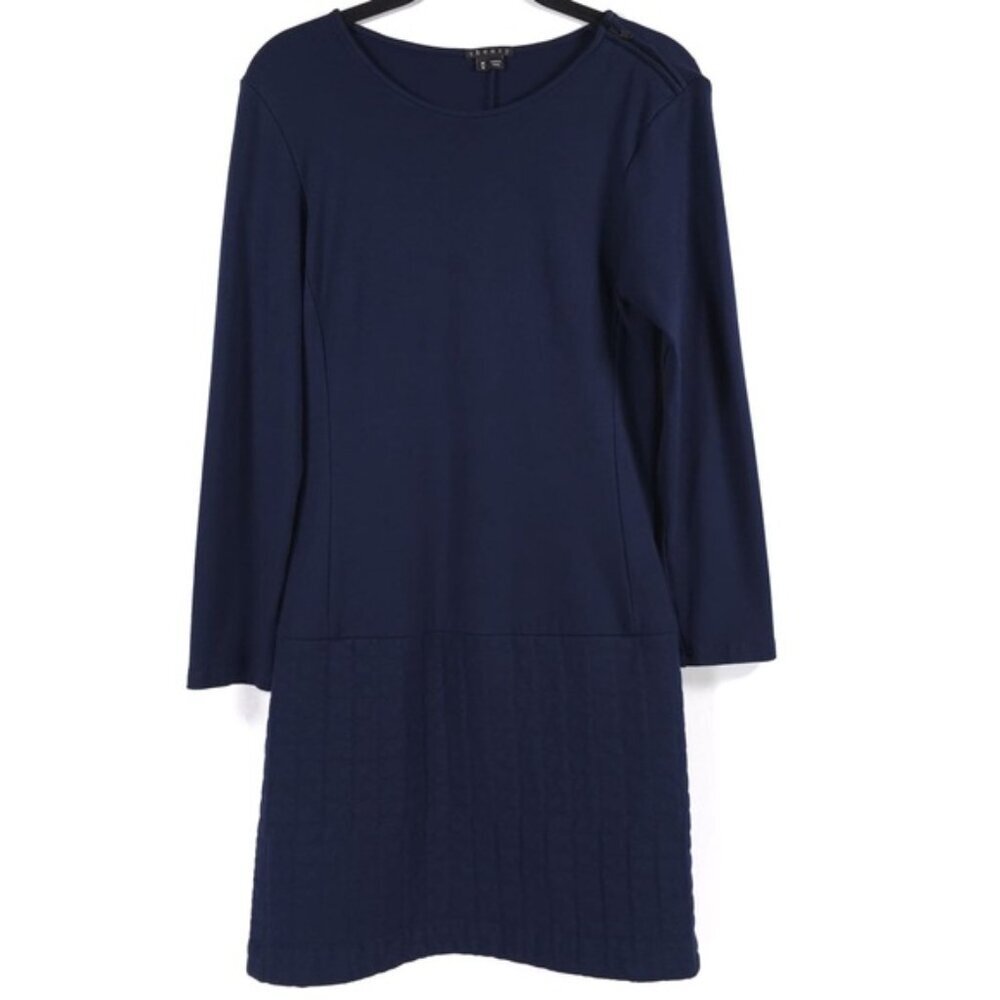 Theory Mini Dress “MIMI Q” Navy Quilted Stretch Jersey Long Sleeve MEDIUM